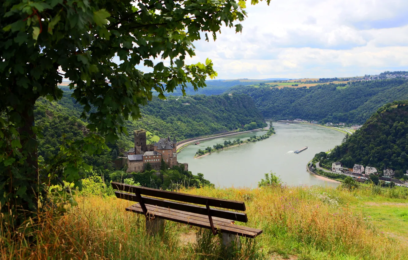 Фото обои пейзаж, природа, река, Германия, лавочка, Патерсберг