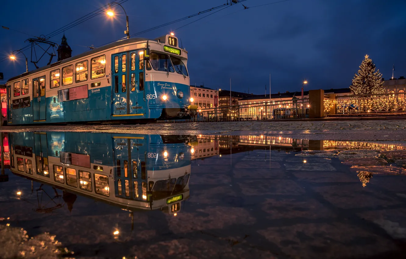 Фото обои огни, вечер, трамвай, Швеция, Гётеборг