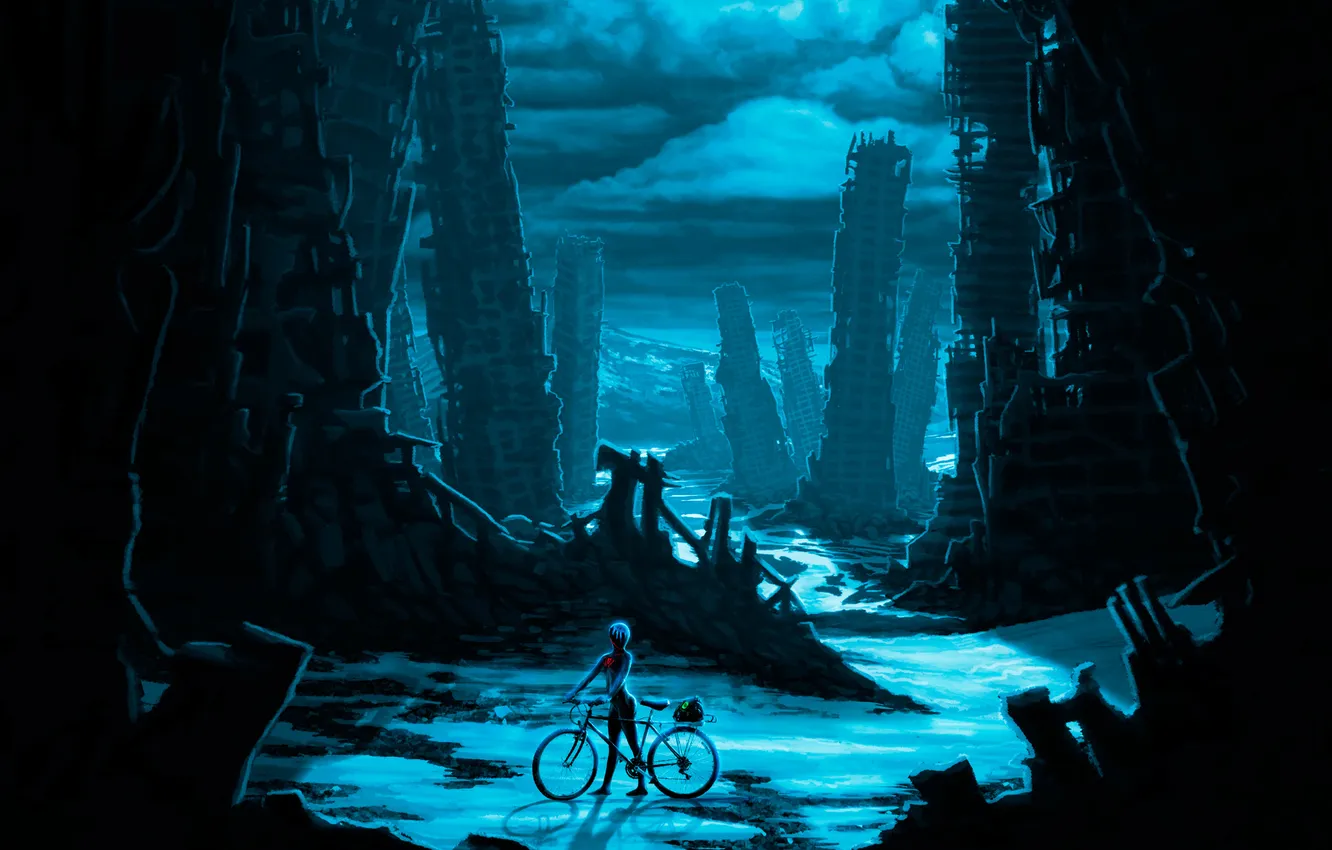 Фото обои ночь, велосипед, город, руины, romantically apocalyptic, apocalypse, Zee Captain