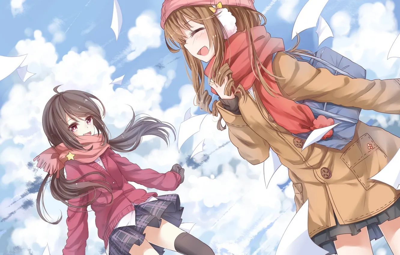 Фото обои холод, небо, облака, девушки, шапка, аниме, шарф, арт