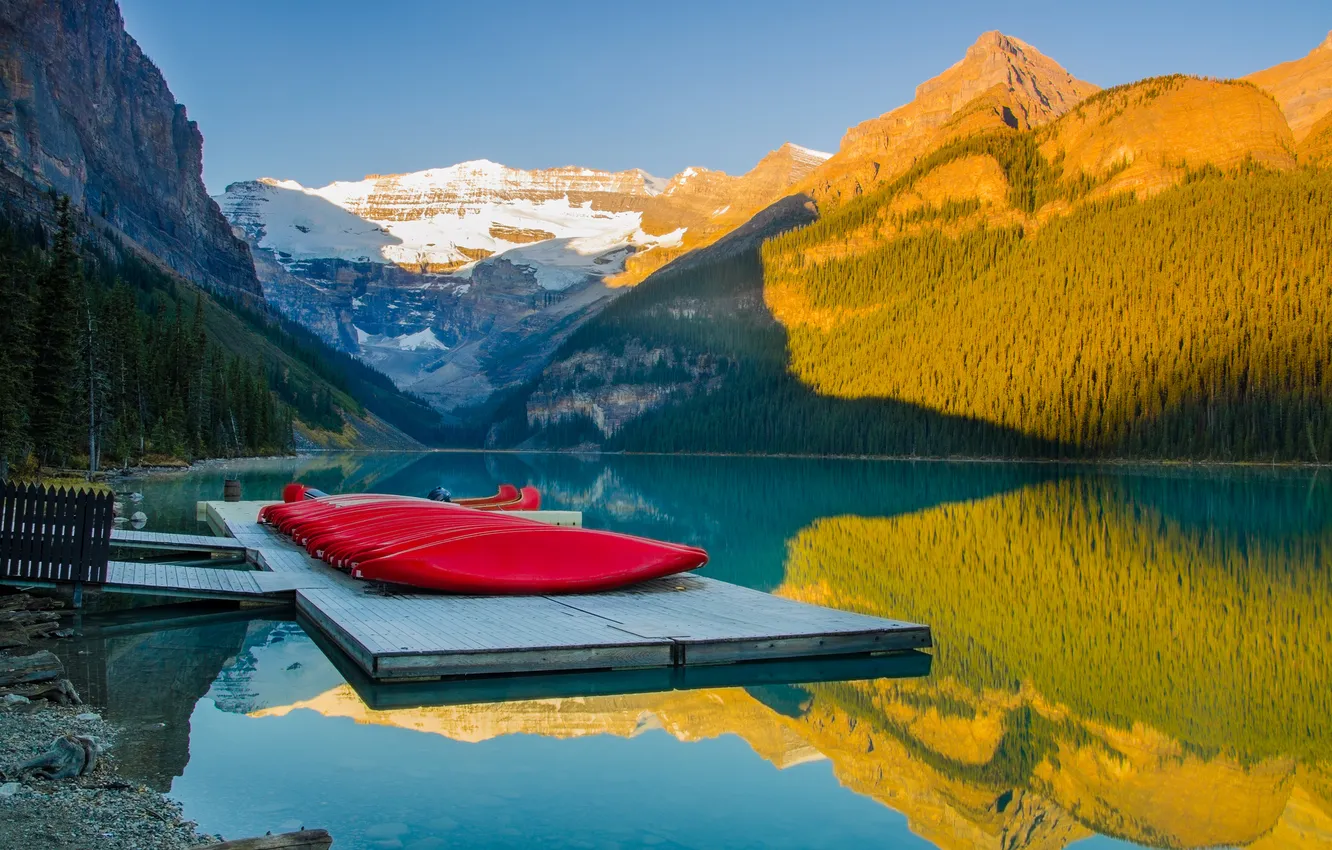 Фото обои небо, деревья, горы, озеро, лодки, Канада