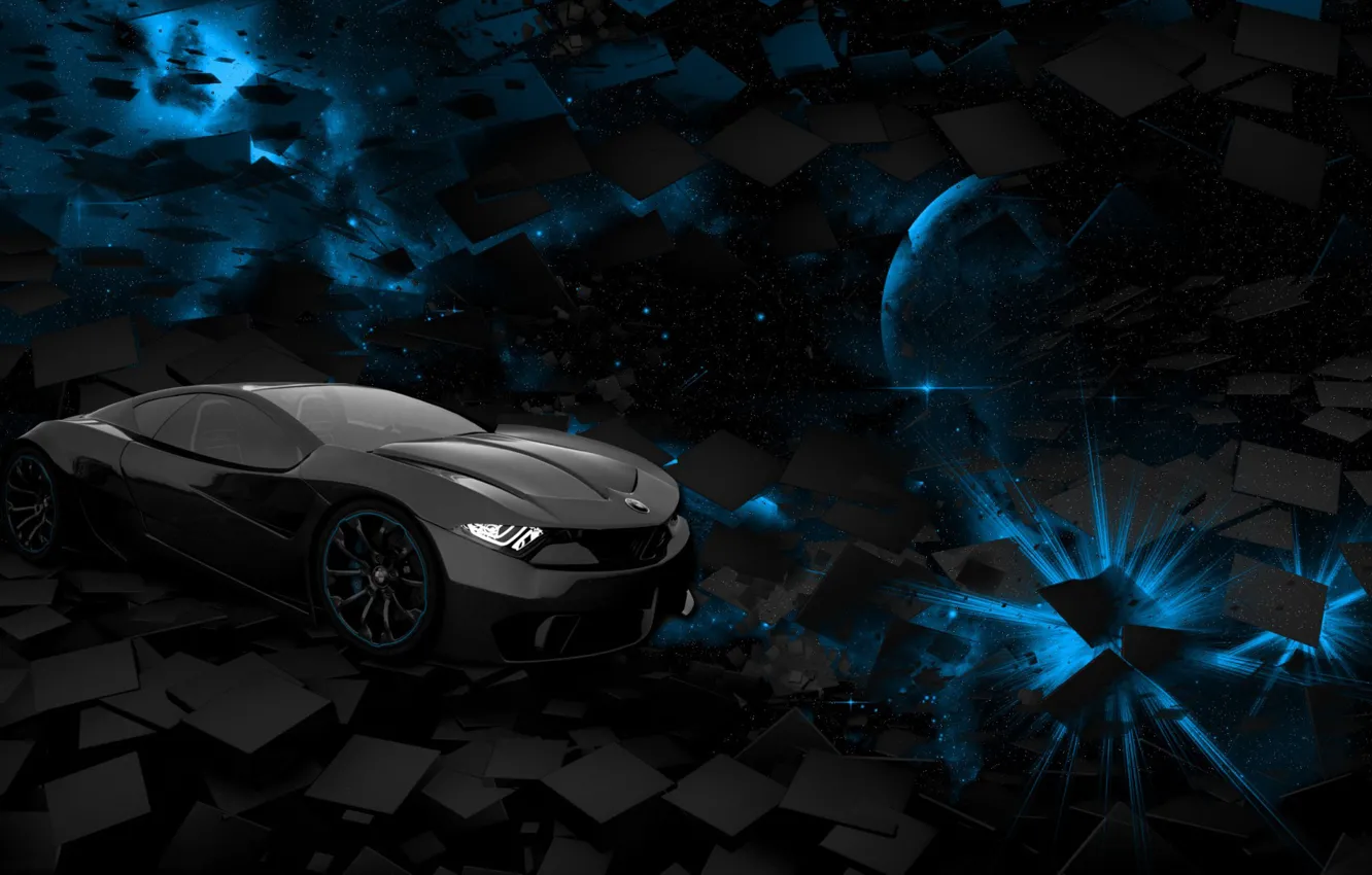 Фото обои car, space, black, blue, square, background, planet, rendering