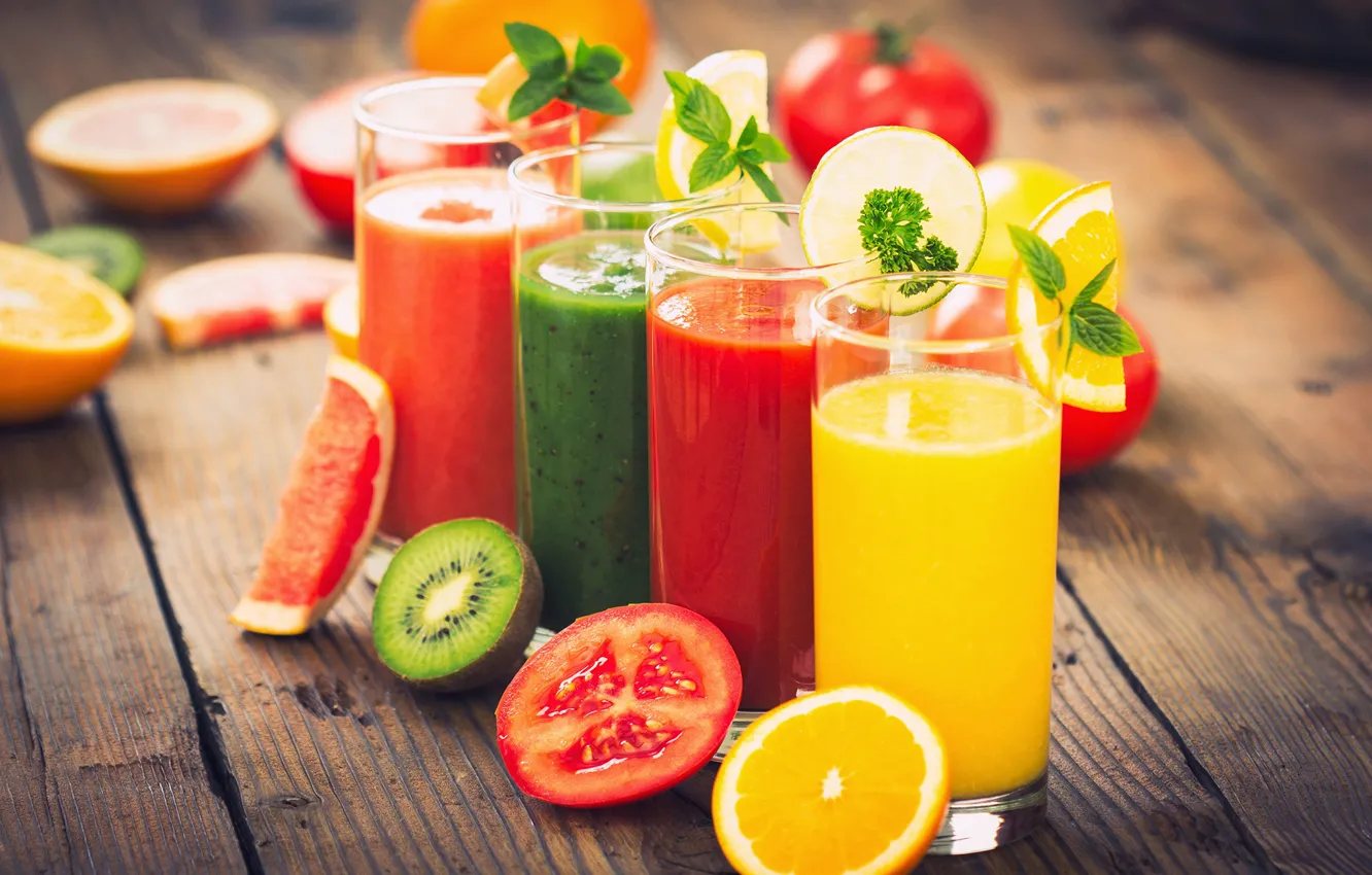 Фото обои апельсин, киви, сок, juice, помидор, orange, drinks, tomatoes