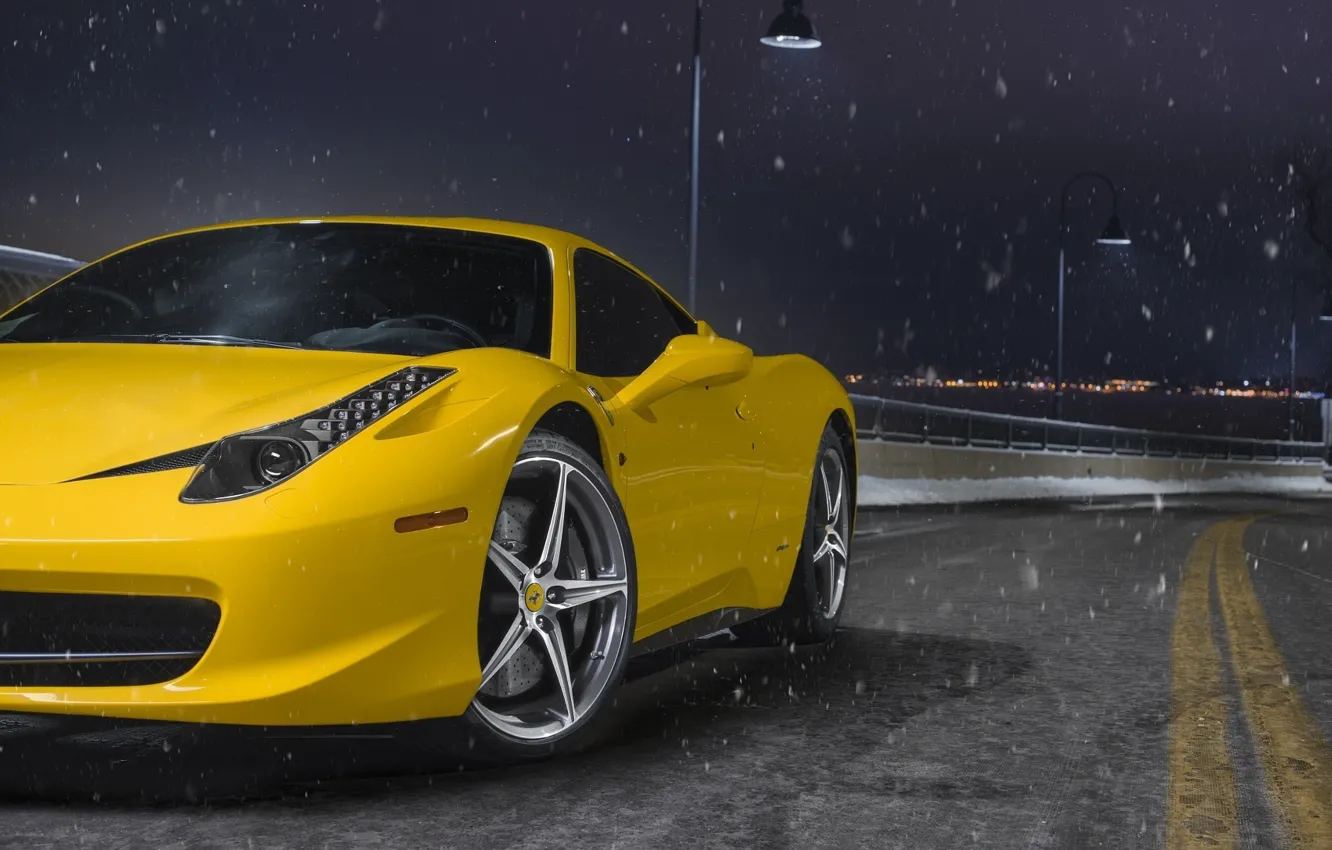 Фото обои Ferrari, 458, Front, Snow, Yellow, Italia, Road, Supercar