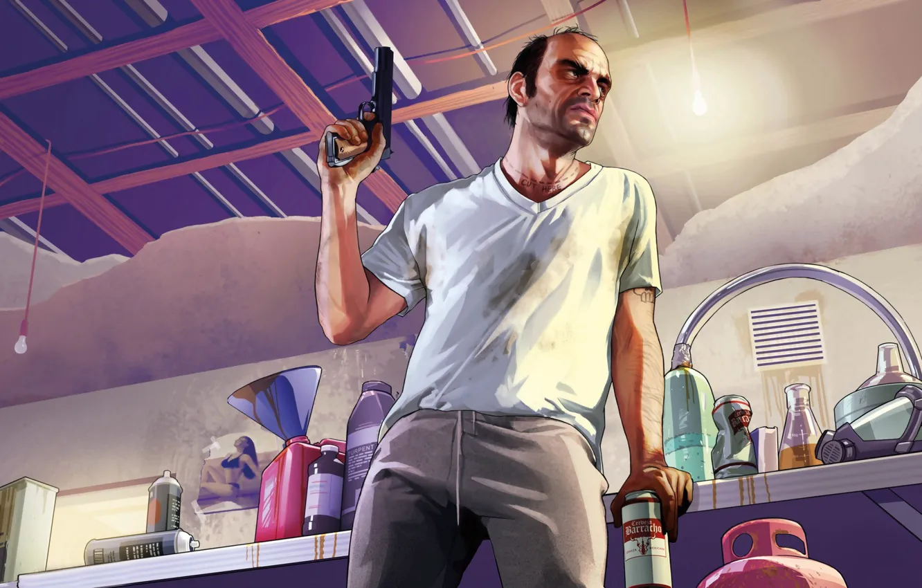 Фото обои мужик, наркоман, Grand Theft Auto V, gta5, бандин, Тревор Филлипс