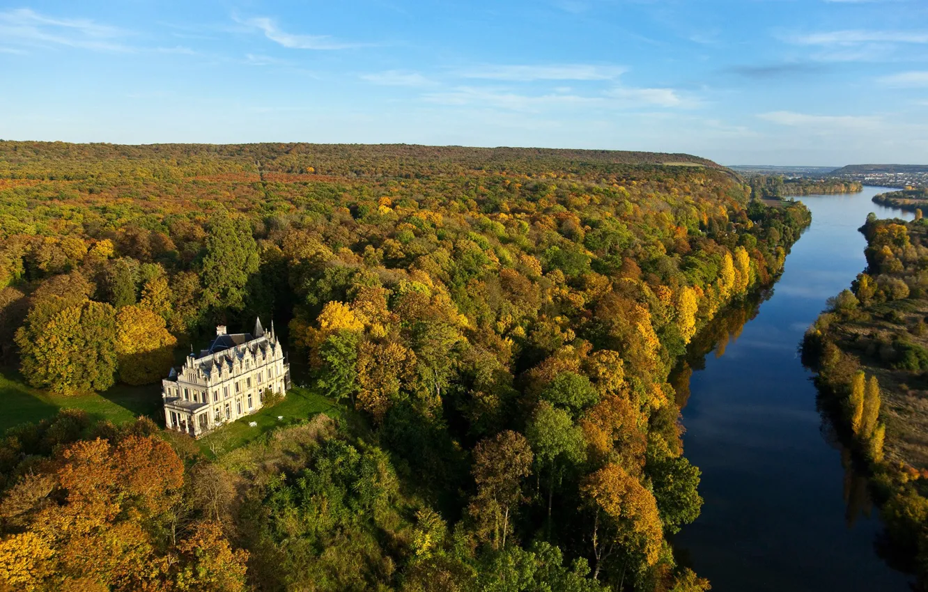 Фото обои осень, лес, река, замок, Франция, Сена, Нормандия, Шато-де-ла-Мадлен