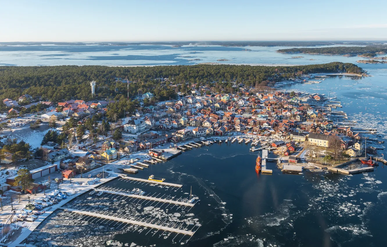 Фото обои город, побережье, горизонт, сверху, Швеция, Sandhamn