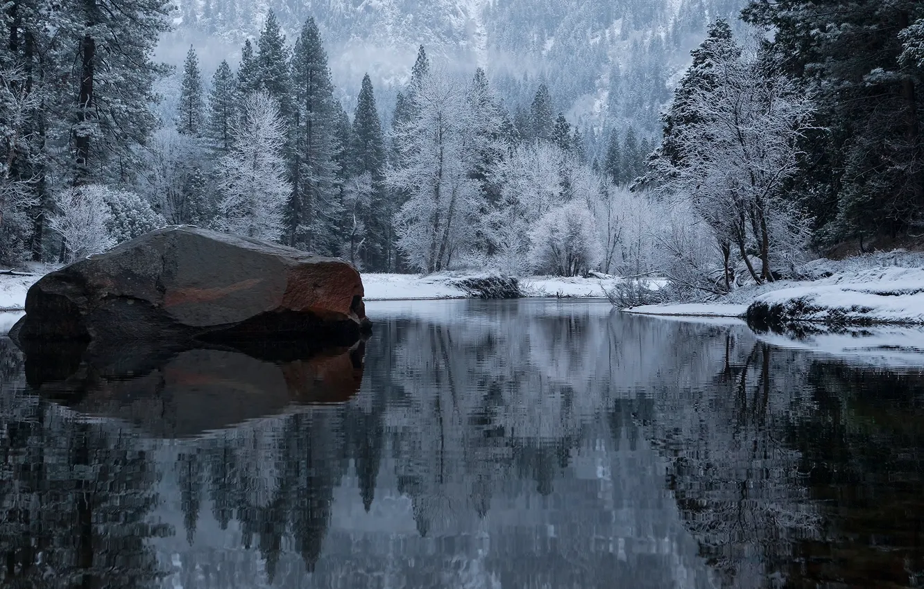 Фото обои зима, лес, озеро, камень, Калифорния, США, Йосемити, национальный парк