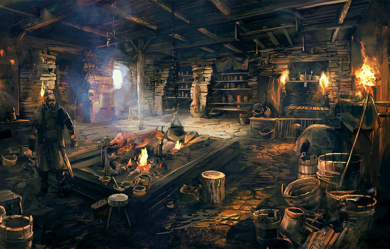 Фото обои огонь, кухня, колдун, ведра, вертел, the Witcher