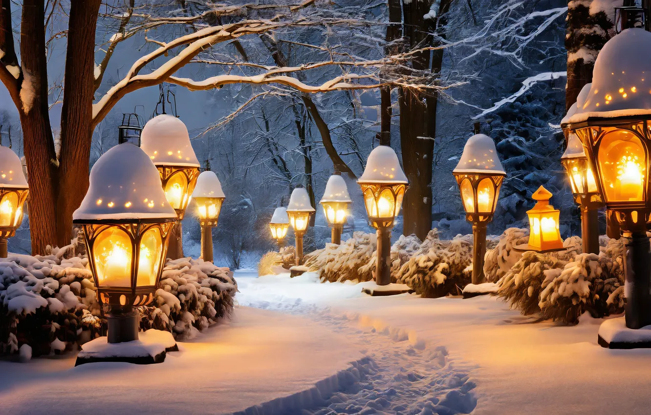 Фото обои зима, снег, ночь, Рождество, фонарь, Новый год, Christmas, night
