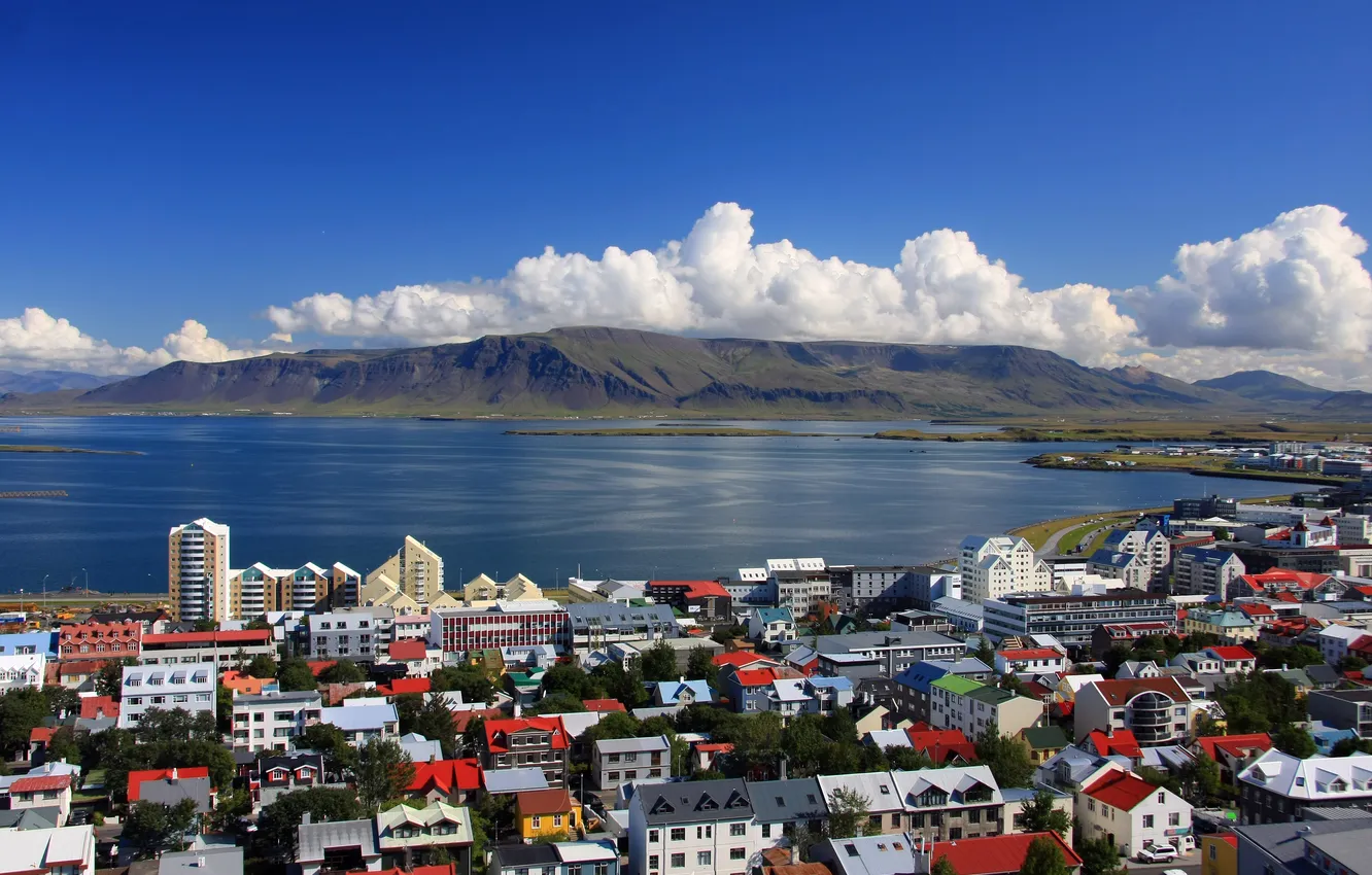 Фото обои море, горы, залив, Исландия, Iceland, Reykjavik, Рейкьявик