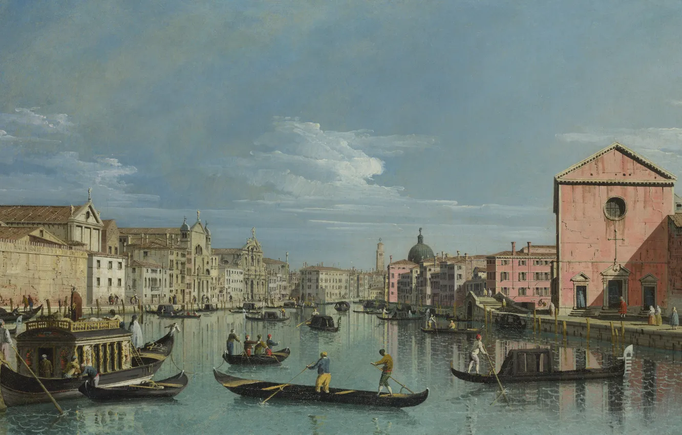 Фото обои лодка, дома, картина, лодки, гондола, городской пейзаж, Bernardo Bellotto, Венеция. Гранд-канал
