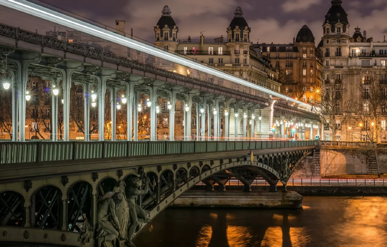 Фото обои мост, Париж, paris, bridge, ночной вид, night view