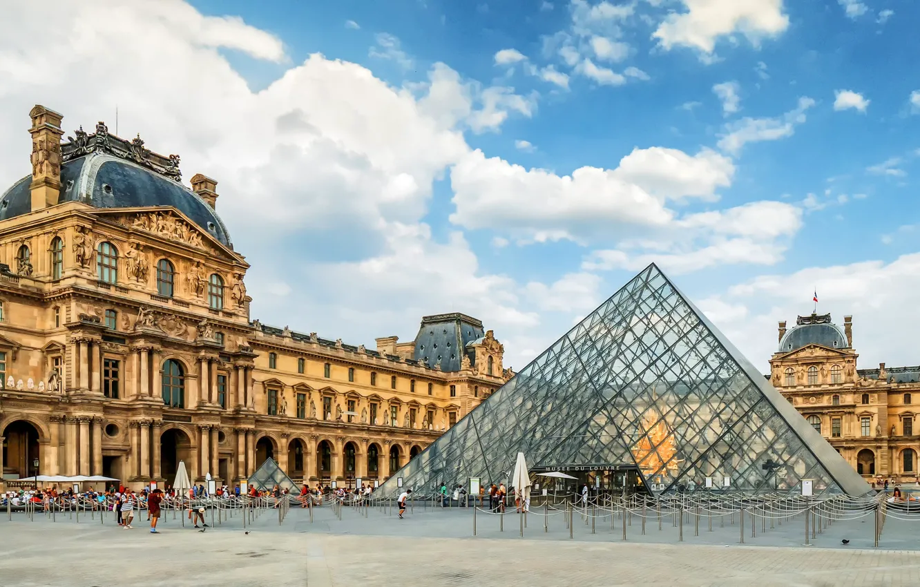Фото обои дизайн, люди, Франция, Париж, Лувр, площадь, пирамида, Paris