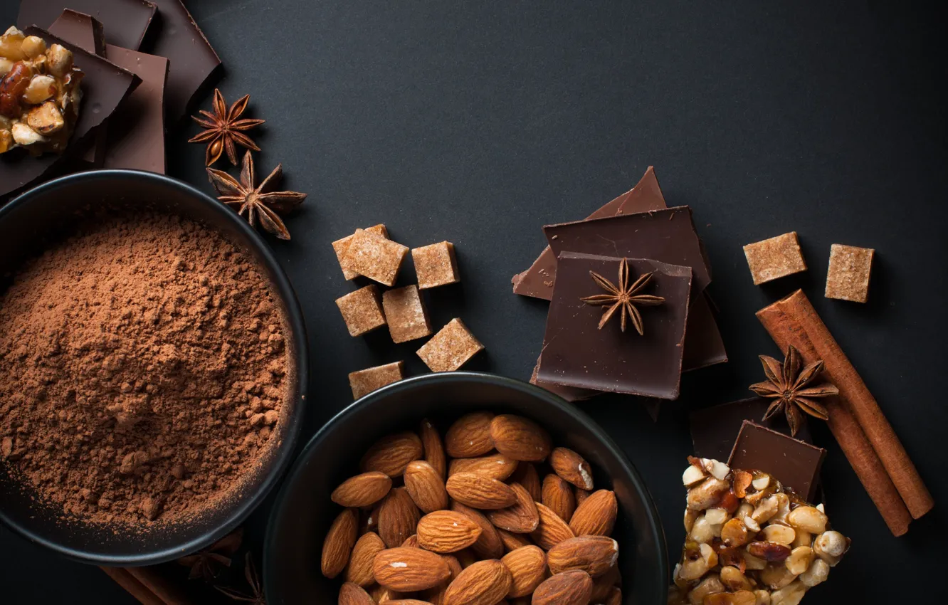 Фото обои шоколад, сахар, корица, миндаль, фундук, какао, бадьян