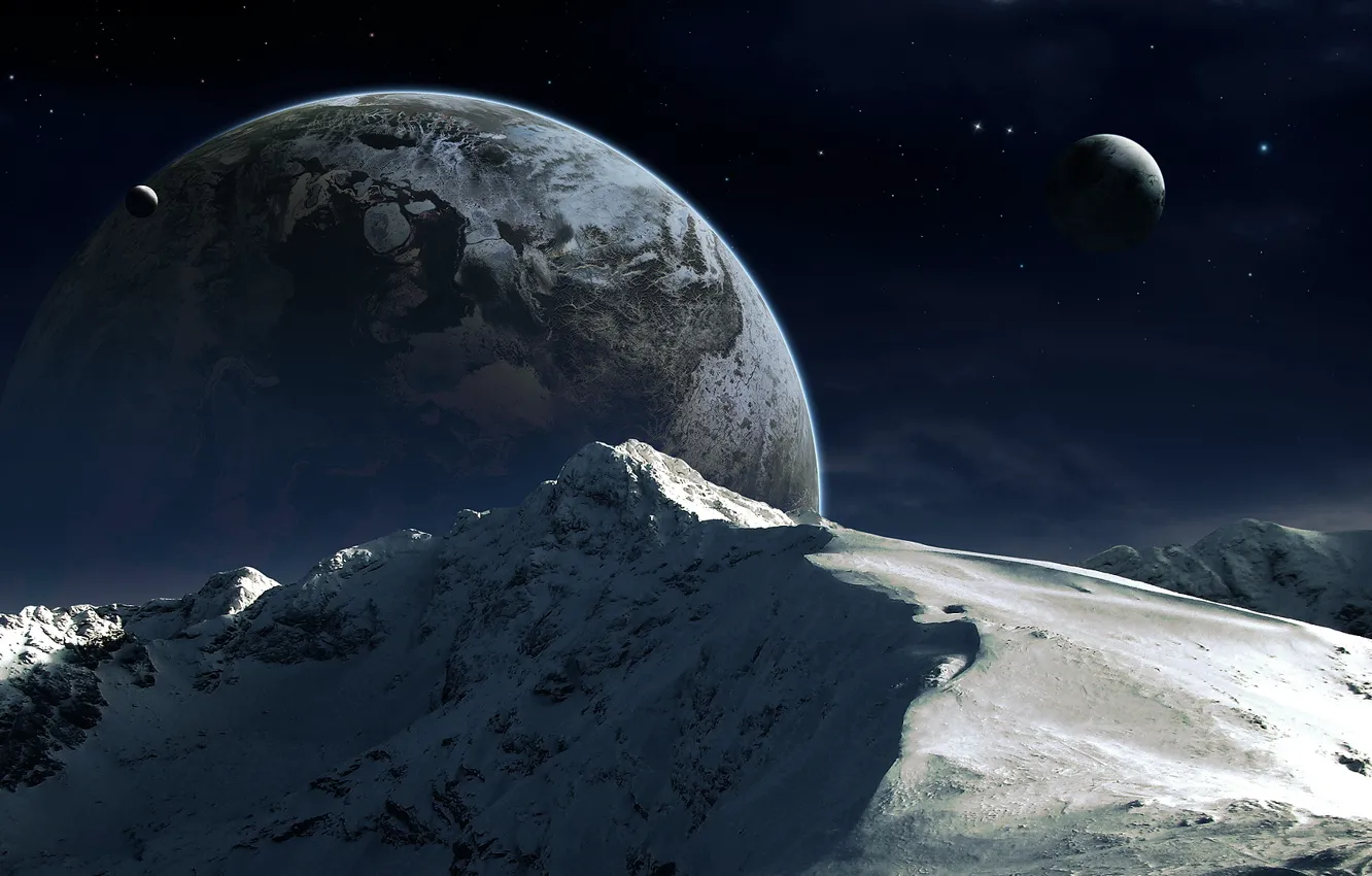 Фото обои снег, горы, планета, спутник