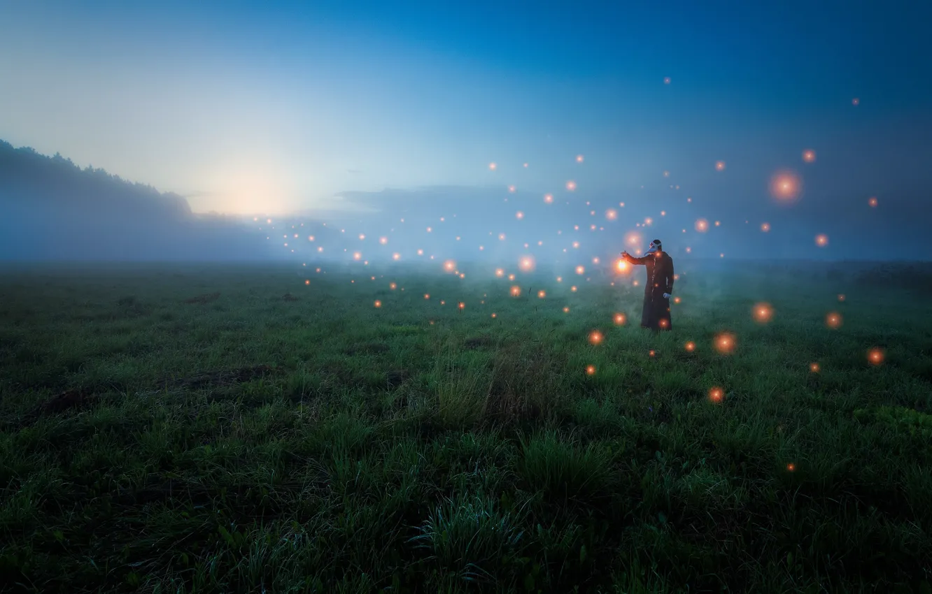 Фото обои поле, туман, человек, мистика, field, fog, man, mysticism