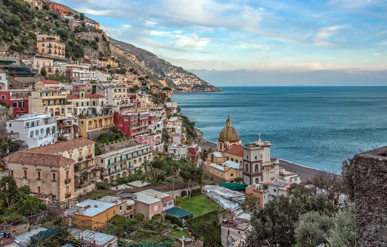 Фото обои море, пейзаж, побережье, здания, Италия, залив, Italy, Campania