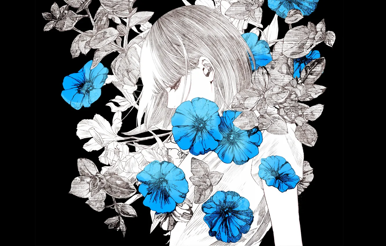 Фото обои девушка, цветы, черный фон, art, Kiyohara Hiro