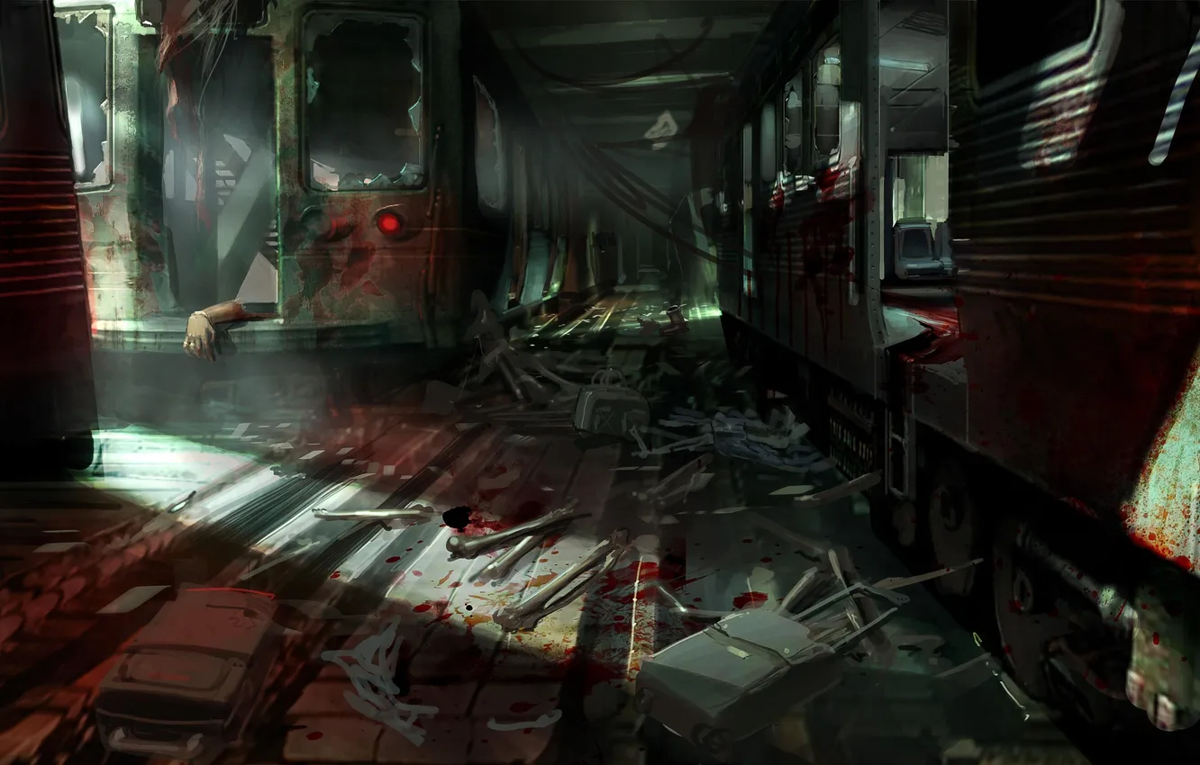 Фото обои авария, метро, кровь, кости, тоннель, FEAR 3