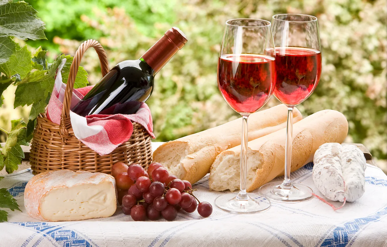 Фото обои листья, вино, корзина, сыр, бокалы, виноград, гроздь, пикник