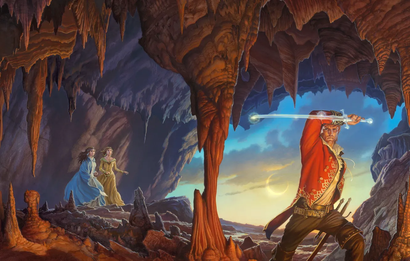 Фото обои девушки, меч, пещера, парень, иллюстрация к книге, Роберт Джордан, Память Света, Robert Jordan