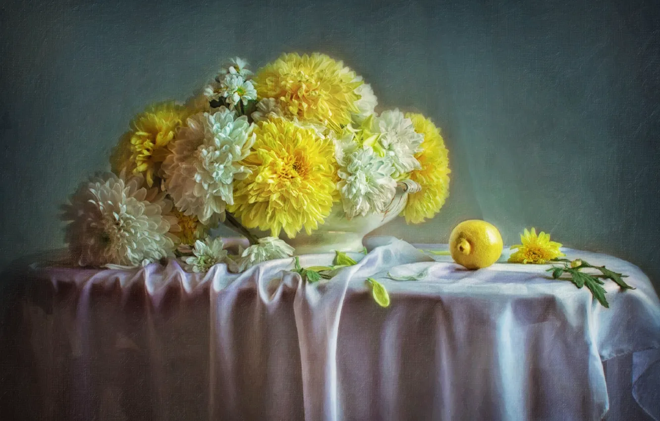 Фото обои цветы, лимон, картина, хризантемы