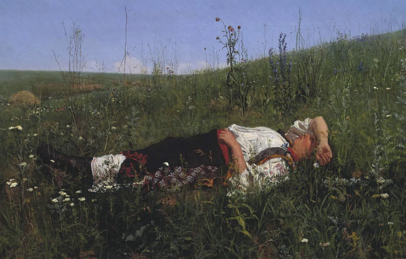 Фото обои небо, трава, цветы, масло, Холст, Николай КУЗНЕЦОВ, русская баба, В праздник