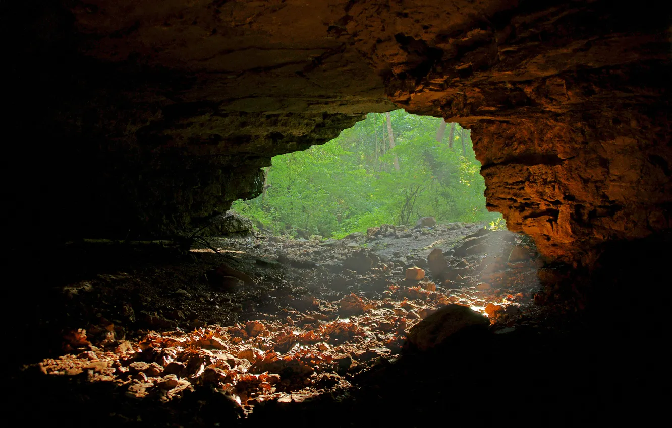 Фото обои лучи, свет, пещера, вход