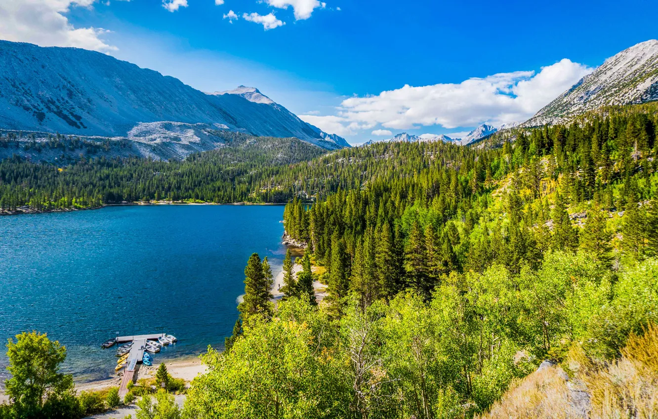 Фото обои лес, лодки, причал, California, Convict Lake, горное озеро, Rock Creek