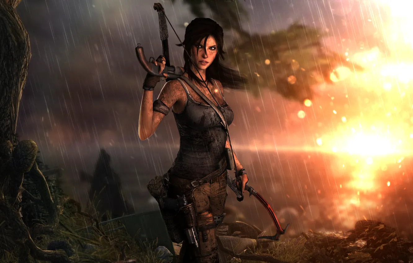 Фото обои Девушка, Дождь, Грязь, Лук, Оружие, Square Enix, Game, Lara Croft