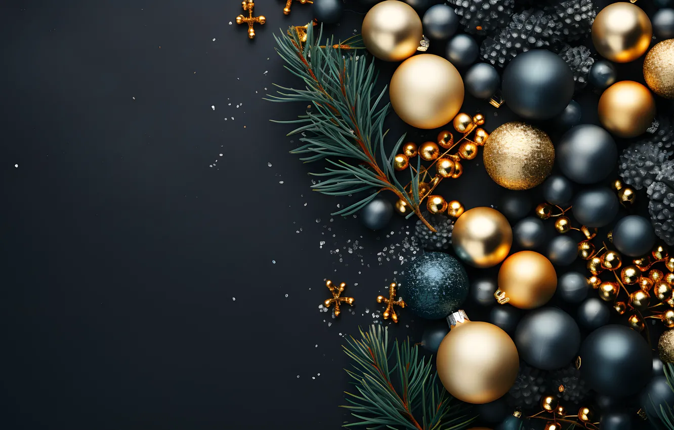 Фото обои украшения, темный фон, шары, Новый Год, Рождество, dark, golden, new year