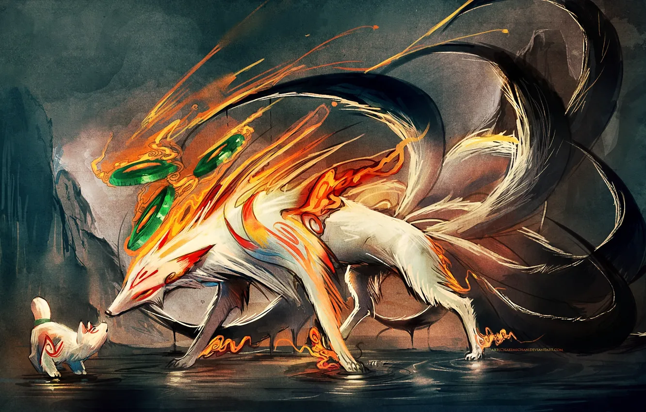 Фото обои хвосты, детеныш, арт, sakimichan, deviantART, лиса