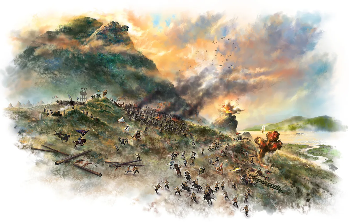 Фото обои горы, озеро, дым, взрывы, арт, битва, сражение, артиллерия
