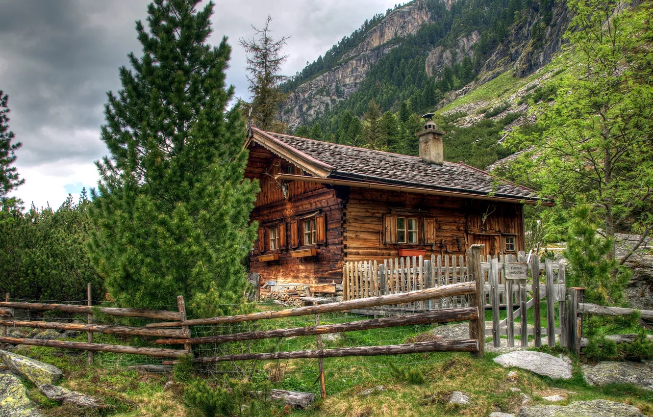 Фото обои деревья, горы, дом, камни, скалы, забор, обработка, Австрия