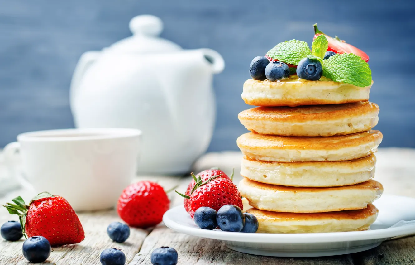 Фото обои еда, черника, клубника, блины, food, выпечка, sweet, strawberry