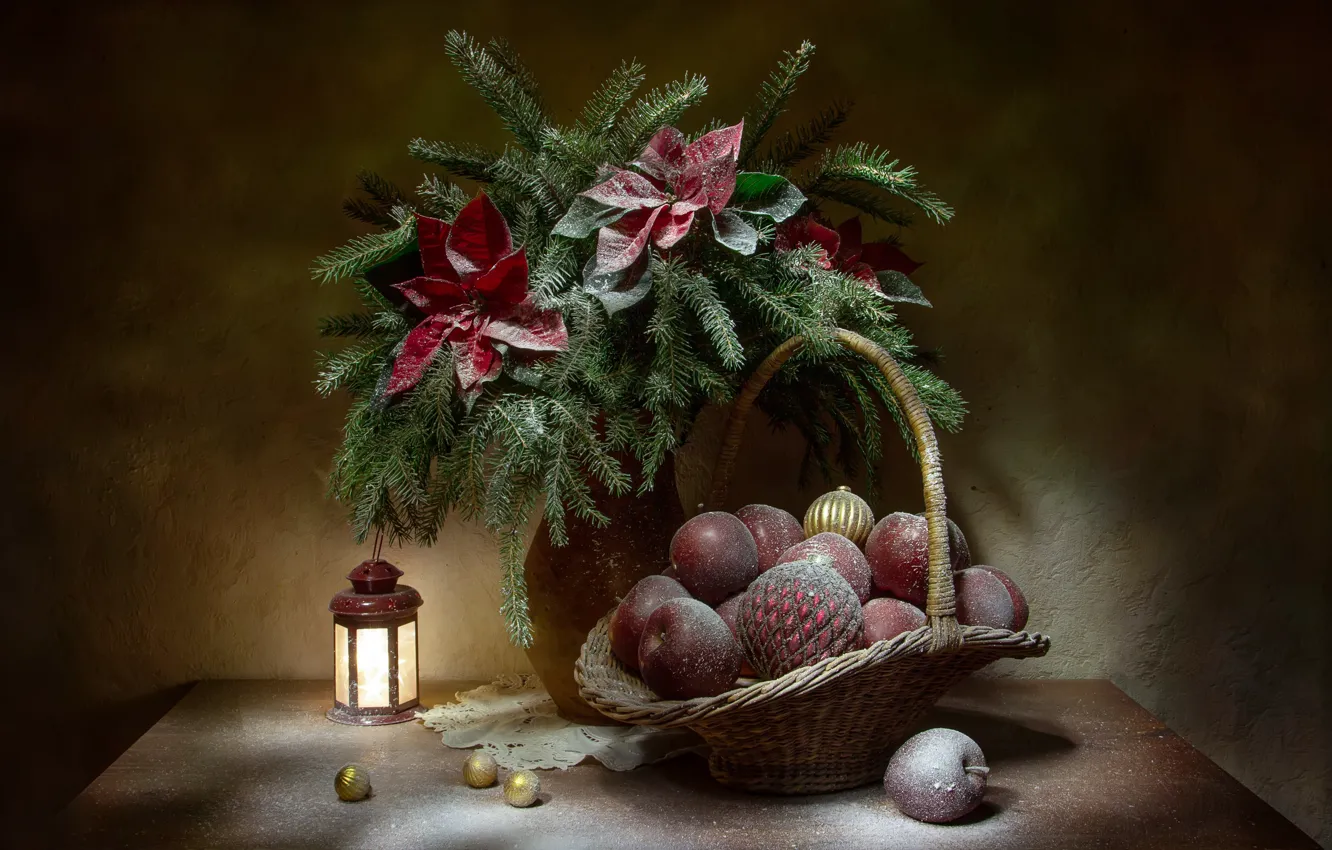 Фото обои шарики, цветы, ветки, праздник, шары, яблоки, рождество, ель