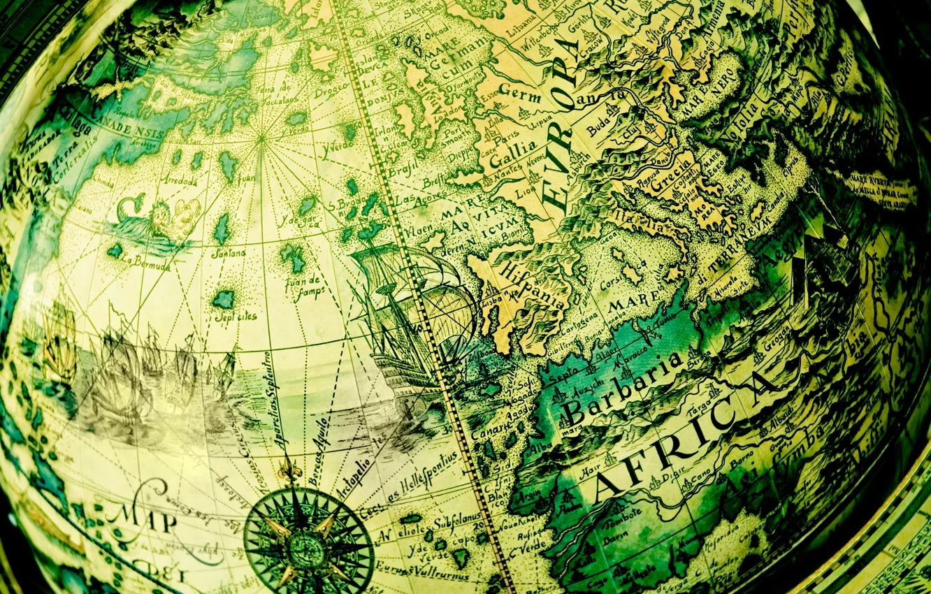 Фото обои карта мира, глобус, под старину, зеленый фон