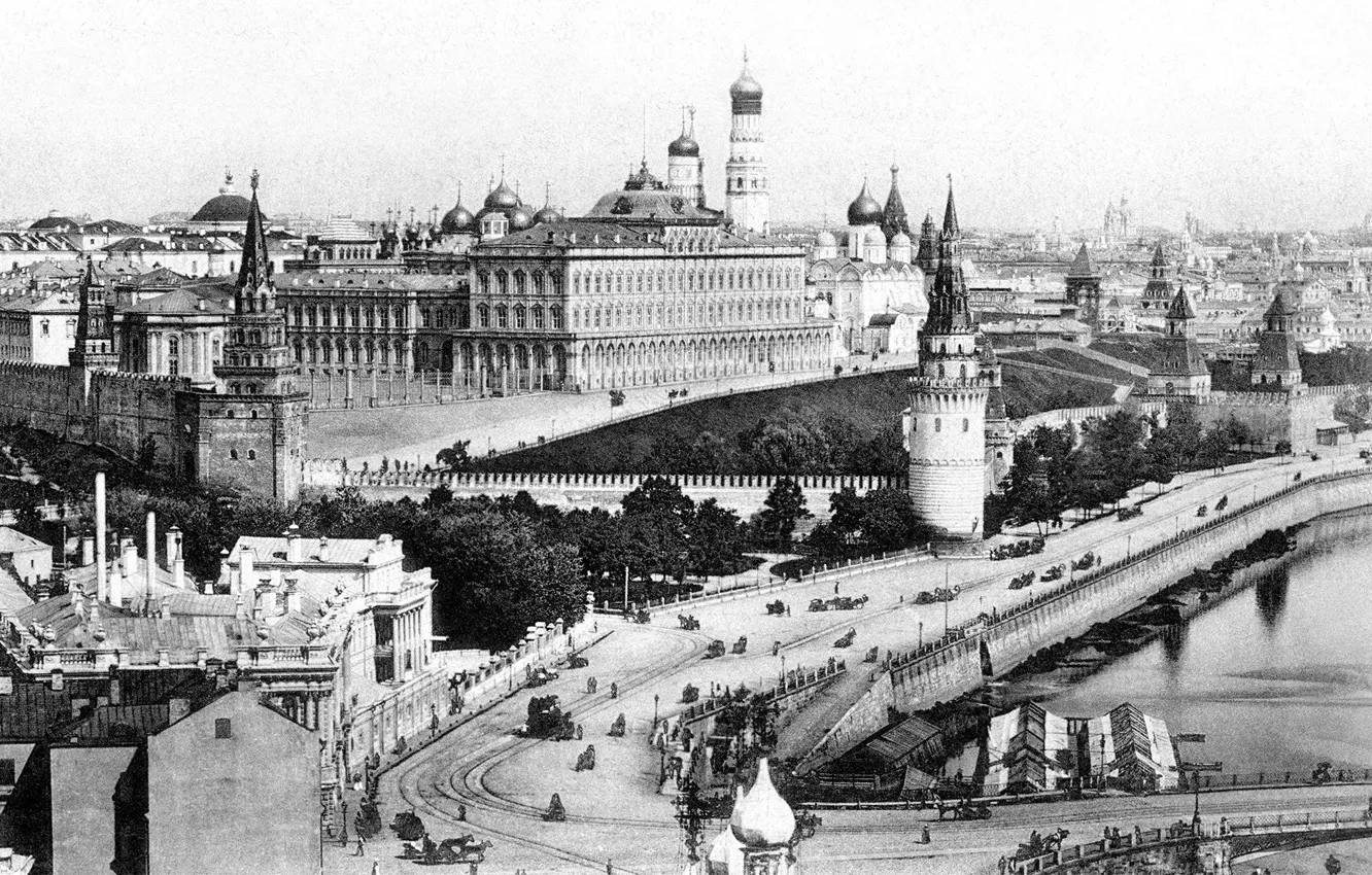 Фото обои кремль, чёрно-белая фотография, старая москва, дореволюционная россия, москва 19 век, большой каменный мост, дореволюционная москва, …