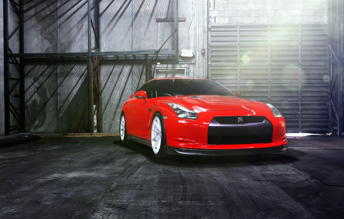 Фото обои GTR, red, Nissan, wheels, front, vossen