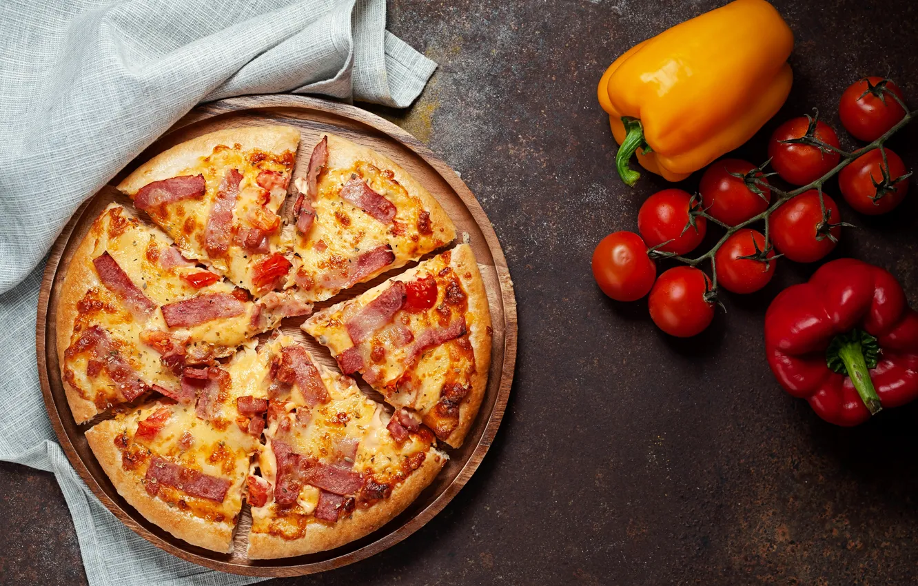 Фото обои сыр, перец, овощи, пицца, томаты, pizza, ветчина, tomato