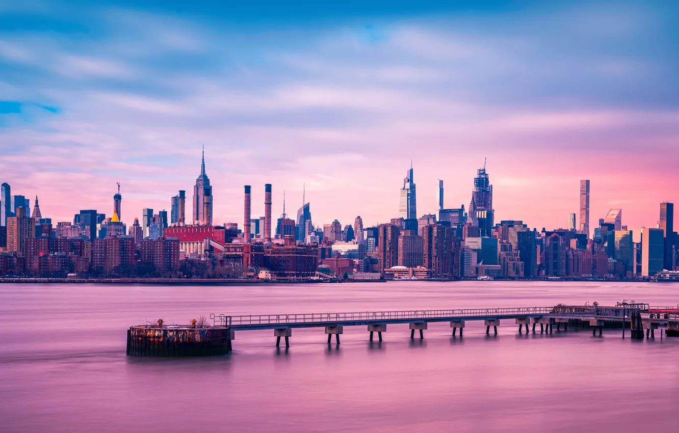 Фото обои twilight, river, skyscraper, manhattan, horizon, cityscape