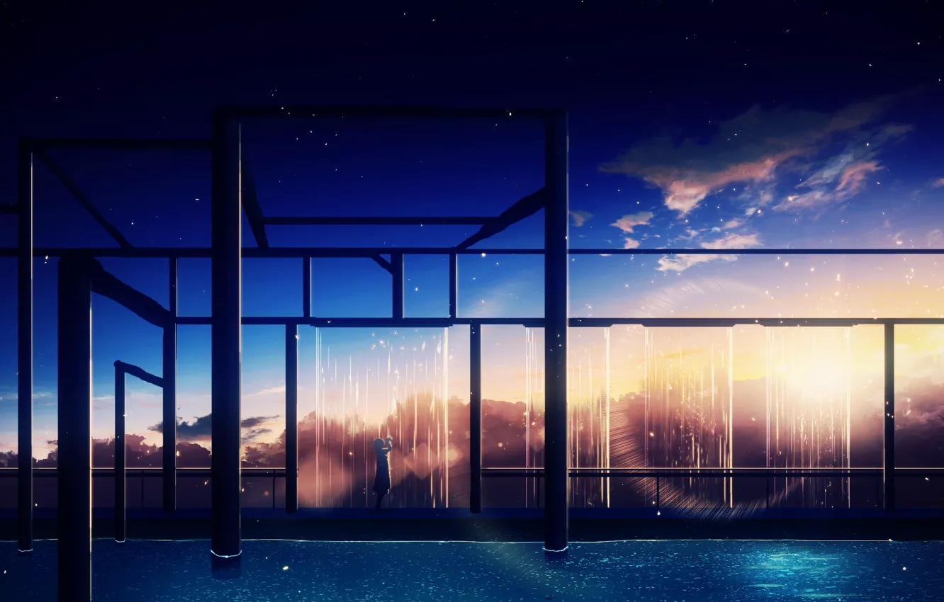 Фото обои небо, вода, девушка, звезды, закат, конструкция, Y_Y