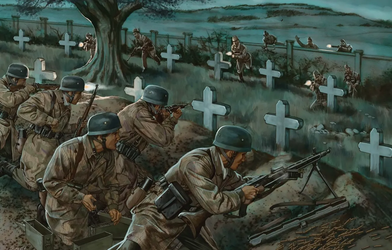 Фото обои война, рисунок, бой, арт, солдаты, кладбище, выстрелы, пулемёт