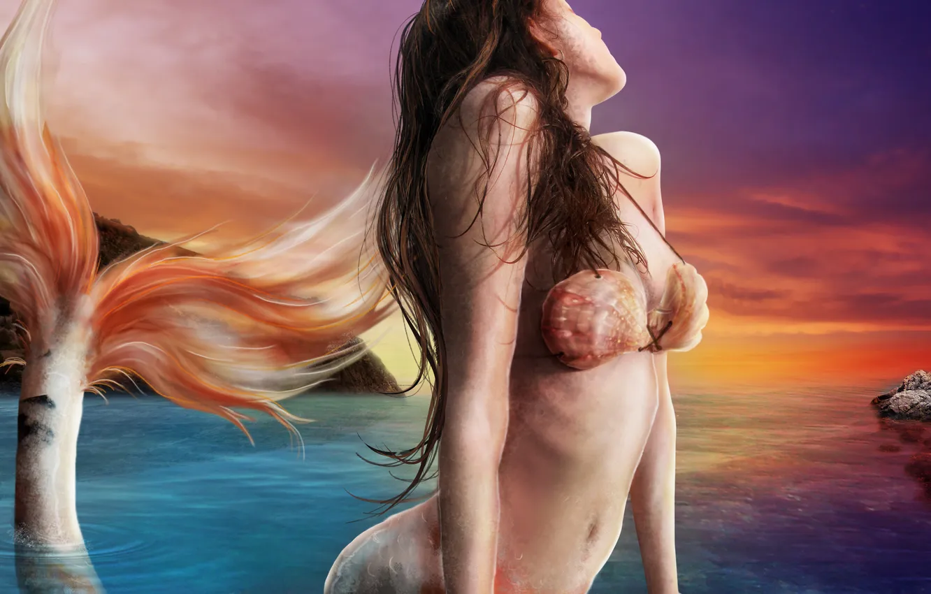 Фото обои море, девушка, камни, фантастика, волосы, русалка, арт, хвост