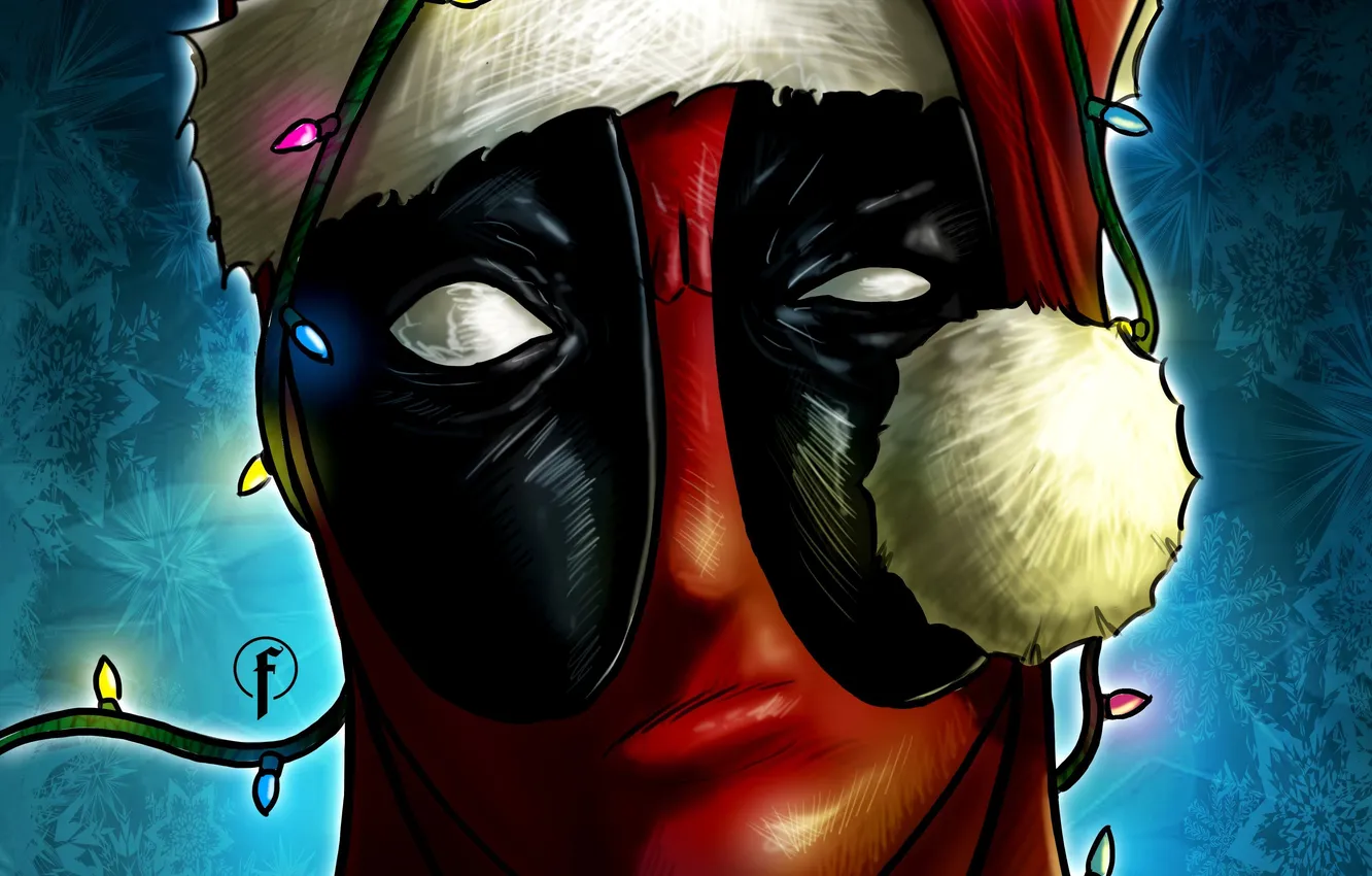 Фото обои взгляд, маска, арт, Merry Christmas, deadpool