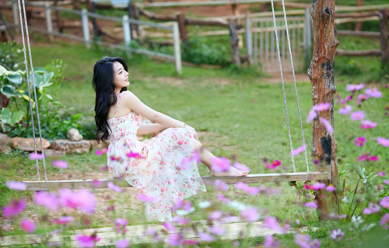 Фото обои лето, девушка, качели, азиатка