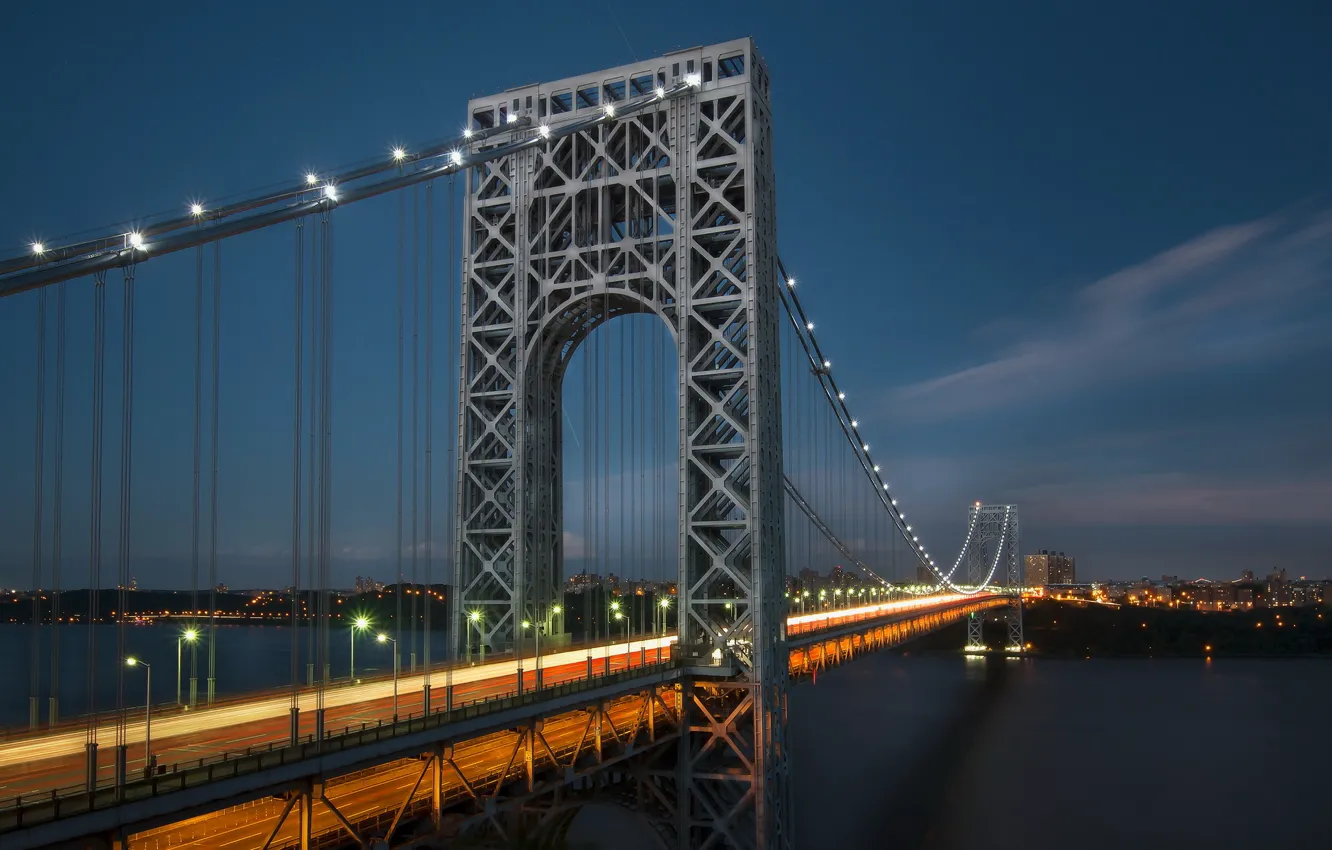 Фото обои ночь, город, река, Нью-Йорк, Мост Джорджа Вашингтона