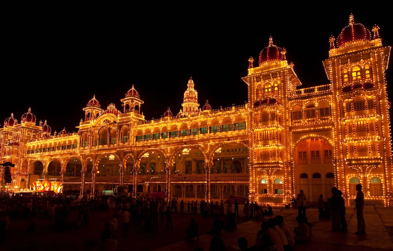 Фото обои ночь, огни, Индия, дворец, фестиваль Дасара, штат Карнатака, Майсур