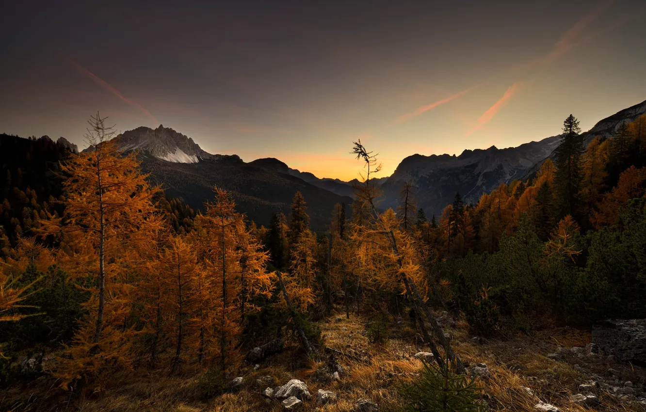Фото обои осень, лес, небо, закат, горы, камни, склоны, вечер